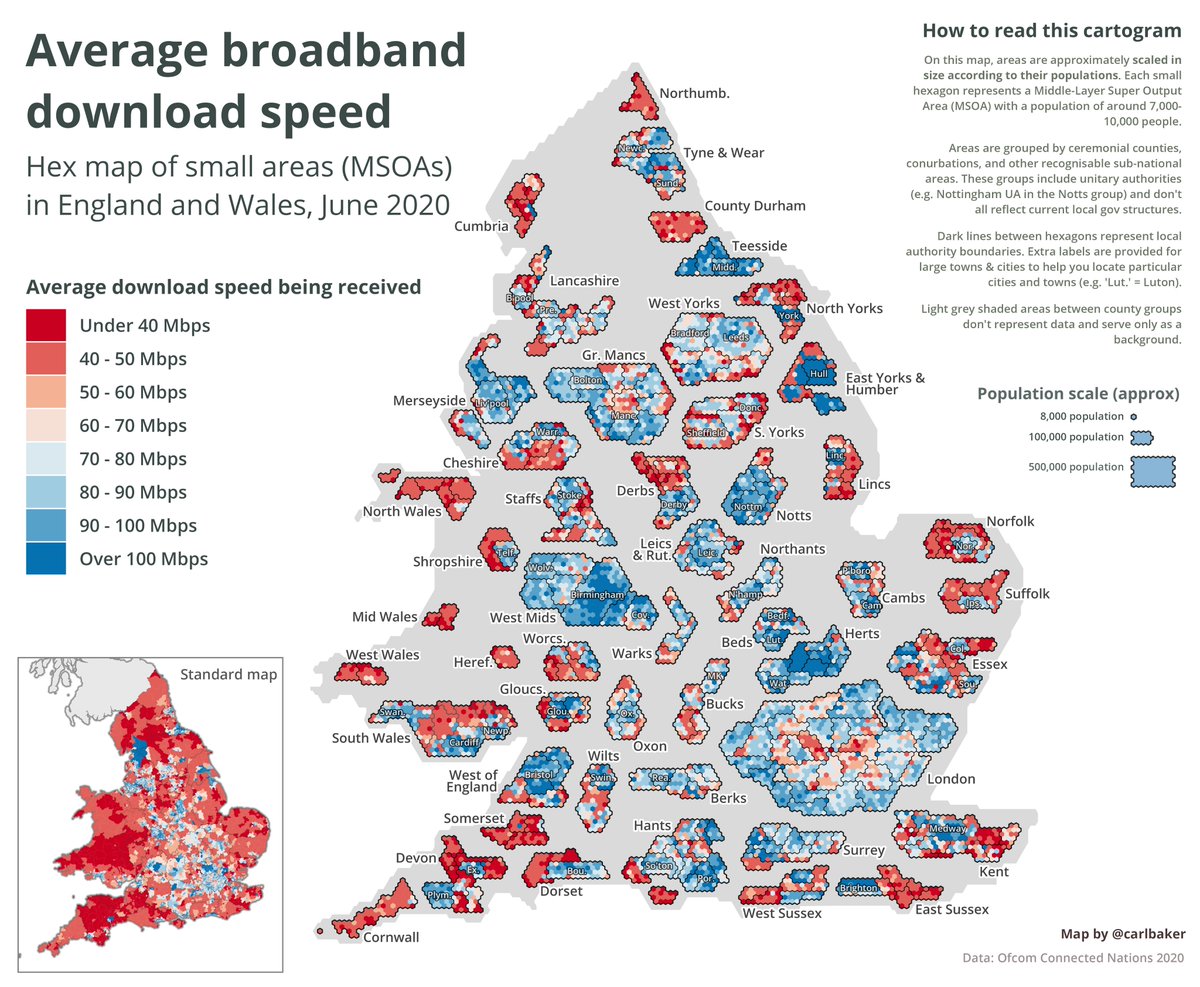 CarlBaker's tweet photo. Here's the corresponding map of average download speed, showing the speeds that lines are actually receiving. 

Note that this data is from June 2020 while the coverage data is from September 2020. https://t.co/UFrYfpPdN4