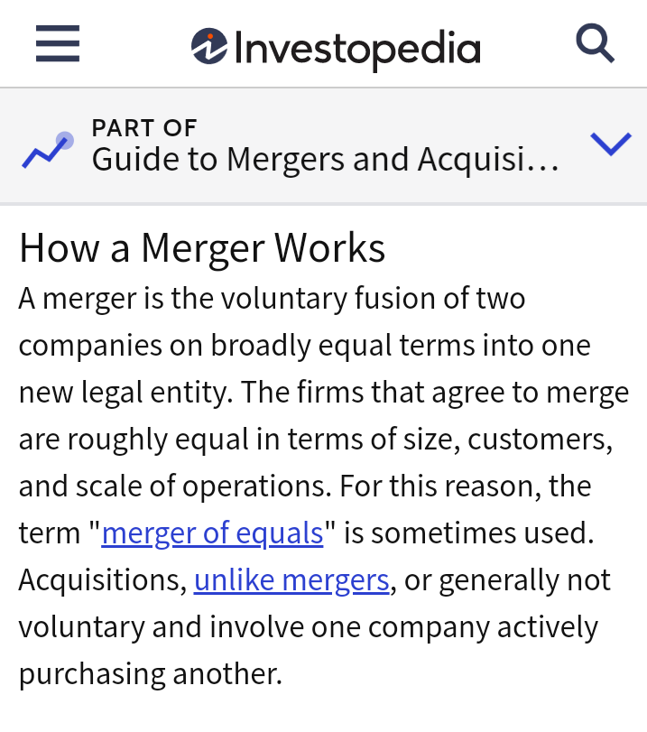 Disini  @Investopedia menjelaskan kalo sistem merger umumnya dilakukan secara sukarela. Jd kedua perusahaan emang menyamakan visi-misi demi suatu peluang yg lebih menjanjikan di masa depan. Berbeda dgn akuisisi yg secara umum prosesnya dilakukan lewat pembelian saham mayoritas.