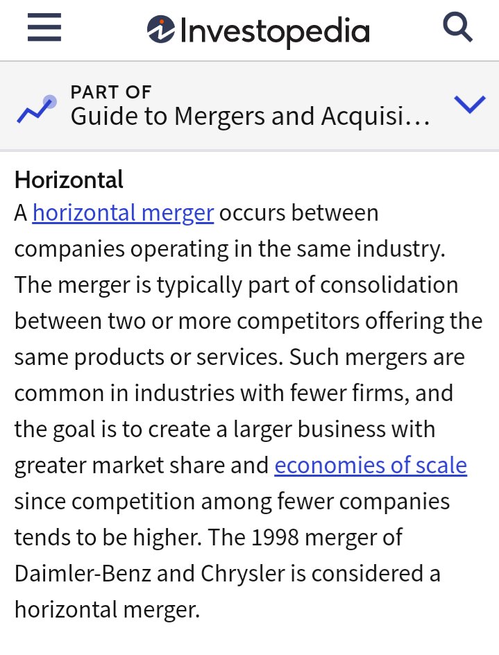 (3) Horizontal Tipe merger ini terjadi pada perusahaan2 yg bergerak di industri yg sama. Merger ini umumnya bentuk konsolidasi dari beberapa kompetitor yg punya layanan produk dan jasa sejenis.Contoh paling gampang ya Facebook yg merger dgn WA, Messenger, dan Instagram.