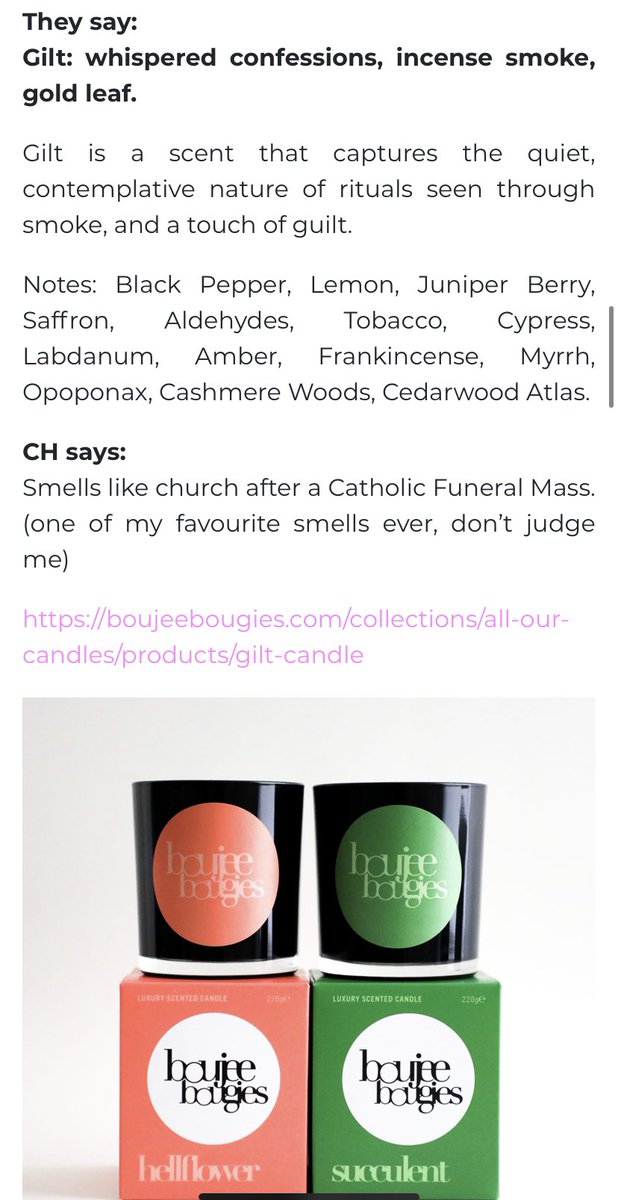 In my most ‘I was raised Catholic don’t ya know?’ move to date, I have just been utterly convinced to buy a <a href="/BoujeeBougies/">Boujee Bougies</a> candle based off this @CarolineHirons description