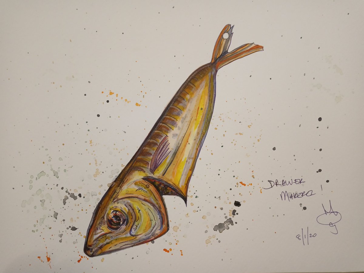 yellowmorag's tweet photo. My mum was temping and found a smoked mackerel left in a drawer. Disgruntled employee? A parting gift? A forgotten lunch? She asked me to paint one as a goodbye card. #watercolor  #watercolour #painting #fish #mackerel #mademechuckle #food #ew https://t.co/yqk310O1Eq