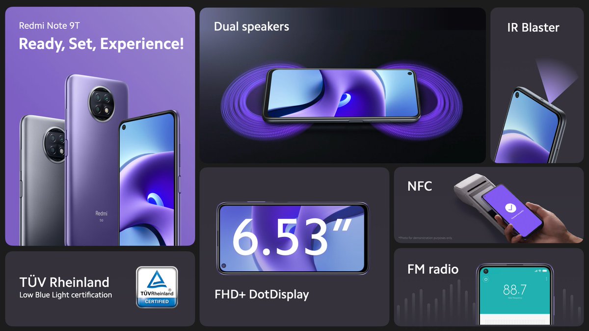 TheGTAVIRadar's tweet photo. #RedmiNote9T5G 
Ready,Set, Experience

6.53" FHD+ IPS LCD display
MediaTek Dimensity 800U
48+8+2MP Rear Camera
13MP front camera
IR Blaster
Dual Speakers
NFC 
#Redmi9Power #RedmiNote9Pro #RedmiNote9 #RedmiNote9Series #RedmiNote10 https://t.co/mwRWKsYpog