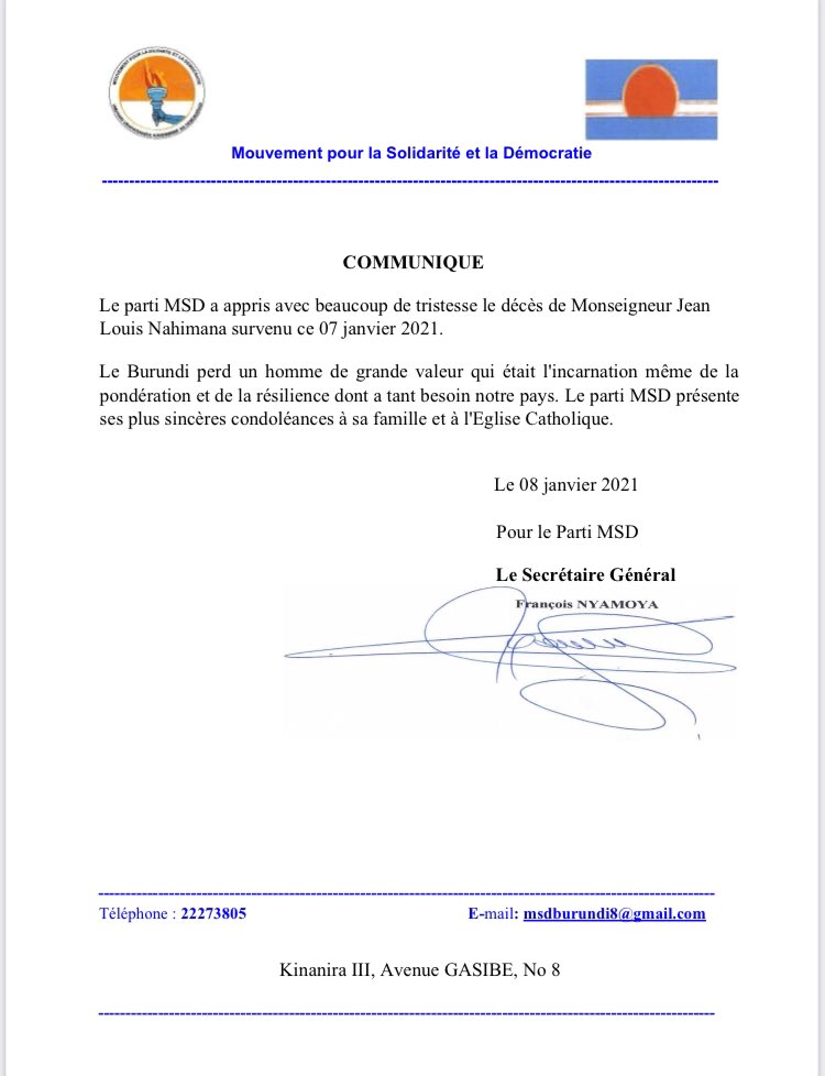 MsdBurundi's tweet photo. Le parti @MsdBurundi a appris avec bcp de tristesse le décès de Mgr #Jean_Louis_NAHIMANA survenu ce 07/01/2021.
Le parti #MSD présente ses plus sincères condoléances à sa famille et à l’Eglise Catholique. https://t.co/90Dh70OzII
