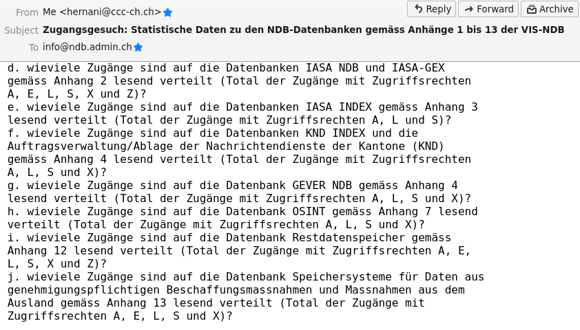 vecirex's tweet photo. Sodele - Zugangsgesuch, um statistische Daten nach Anhänge 1 bis 13 der #VISNDB zu erhalten, eingereicht.
#FOIA #FOIATerror #NDGnein #PMTnein #parlCH https://t.co/UcP8keIy6U