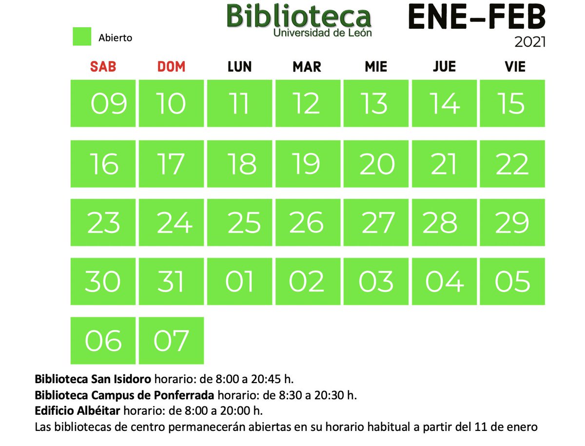 Horarios especiales para el periodo enero-febrero 2021, se adecúa el servicio a las normativas establecidas por las autoridades para garantizar la seguridad de los usuarios y el personal

Os recordamos además el acceso a los recursos desde casa🔗sites.google.com/unileon.es/rec…