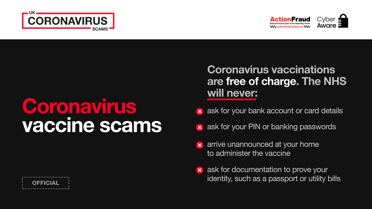 In the UK, coronavirus vaccines will only be available via the NHS. You can be contacted by the NHS, your employer, a GP surgery or pharmacy local to you, to receive your vaccine. Remember, the vaccine is free of charge. At no point will you be asked to pay #coronavirusfrauds