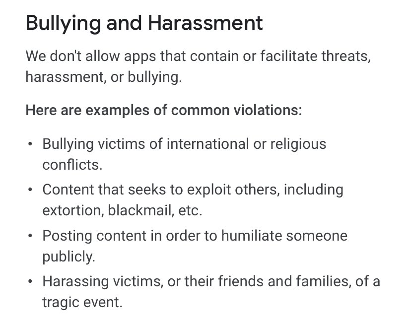 Over on  @GooglePlay, the Terms of Service are even more clear, forbidding both violence and hate explicitly as well as harassment on any app distributed by the store.Again,  @google has created these rules *themselves*. They should enforce their own policies.  #PullParler