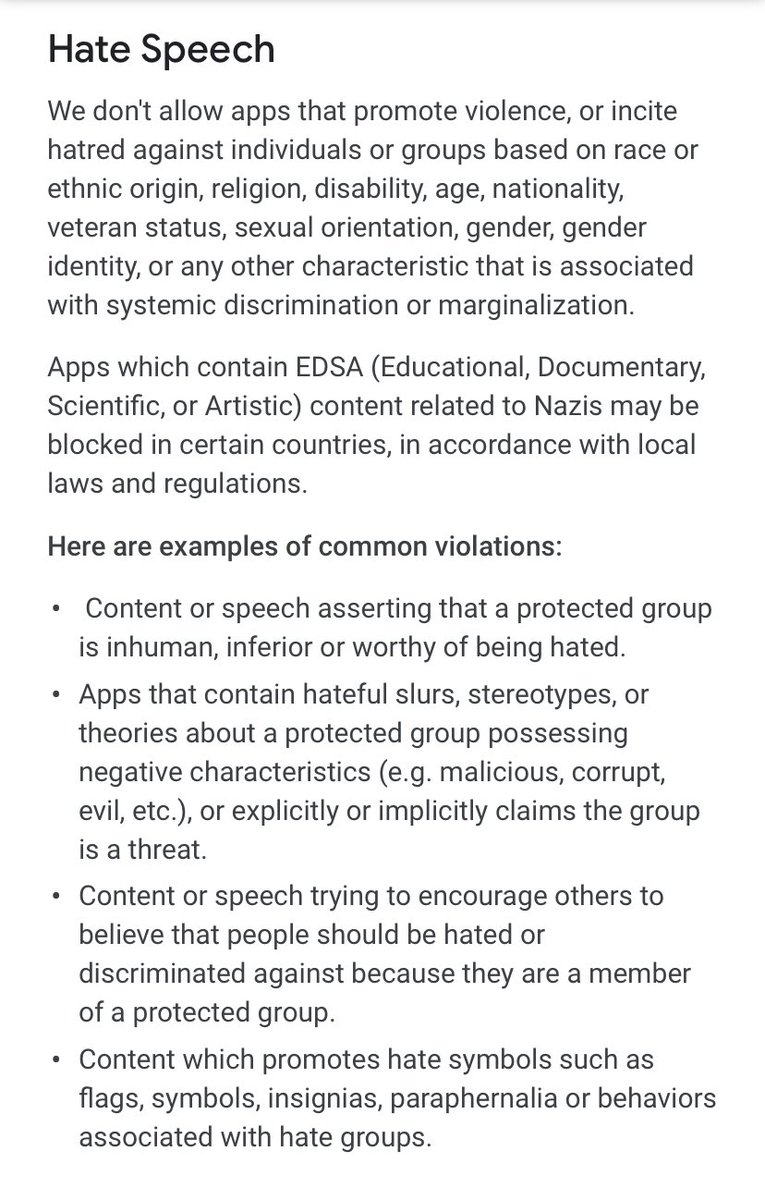Over on  @GooglePlay, the Terms of Service are even more clear, forbidding both violence and hate explicitly as well as harassment on any app distributed by the store.Again,  @google has created these rules *themselves*. They should enforce their own policies.  #PullParler