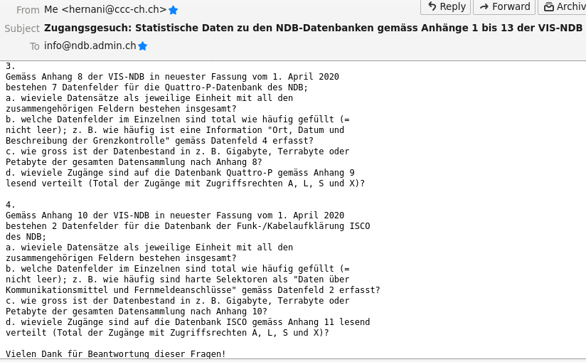vecirex's tweet photo. Sodele - Zugangsgesuch, um statistische Daten nach Anhänge 1 bis 13 der #VISNDB zu erhalten, eingereicht.
#FOIA #FOIATerror #NDGnein #PMTnein #parlCH https://t.co/UcP8keIy6U