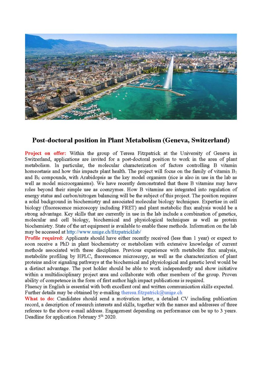Fitzpatrick_Lab's tweet photo. Interested in the potential of B vitamins for coordination of plant metabolism ? Apply for a post-doc position in the Fitzpatrick group in Geneva (see below), deadline Feb 5. https://t.co/cWLMZ7QG9M