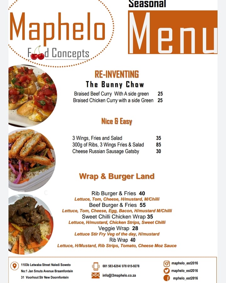 Est2016Maphelo's tweet photo. Maphelo seasonal menu:

°New look 
°Good mood food
°We remain inspired
°We remain dedicated

#BlackBusiness #Food #Soweto #Huns #TheFace #202BlackTwitterAwards #SouthAfrica #KasiDrip https://t.co/M29LNnEQF5