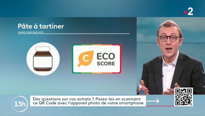 Teolemon's tweet image. L&apos;#EcoScore sur @France2tv avec @OpenFoodFactsFr 🙂🤳🥫 #YesWeScan @JulianBugier @DuponchelJ @infofrance2 
Disponible dès maintenant sur iPhone et Android sur 240 000 produits français: openfoodfacts.app