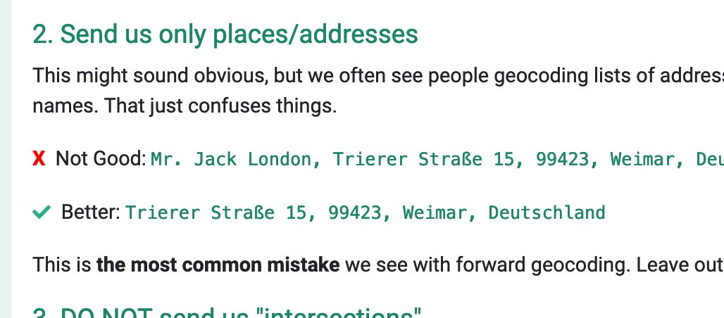 8/ So now let's get into the API itself. First up, please send us only location information, never details of who is at that location. Besides privacy concerns it just makes geocoding much harder. See:  https://opencagedata.com/guides/how-to-format-your-geocoding-query
