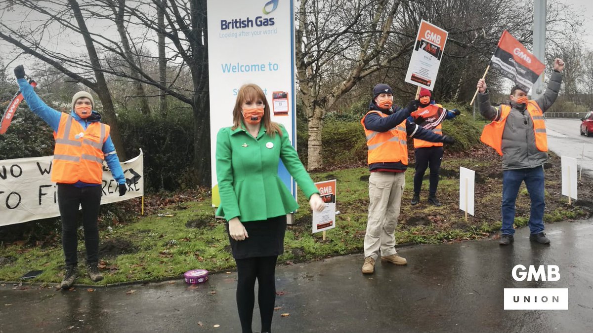 GMB_union's tweet photo. There is so much support flooding in for our British Gas members on day two of strike action.
 
Thank you to Labour Deputy Leader @AngelaRayner who has joined workers on strike in Stockport.
 
#StopTheBritishGasFire 🔥 https://t.co/TEmN2KuIA9