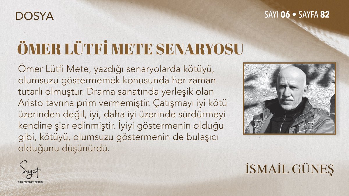 Sogutdergisi's tweet photo. "Ömer Lütfi Mete Senaryosu"
İsmail Güneş @61ismailgunes

Dosya - Sayı 06
#TürkEdebiyatınınSöğütü #ÖmerLütfiMete 

https://t.co/Ac3m4FQ83T https://t.co/M2vB93W4Zg