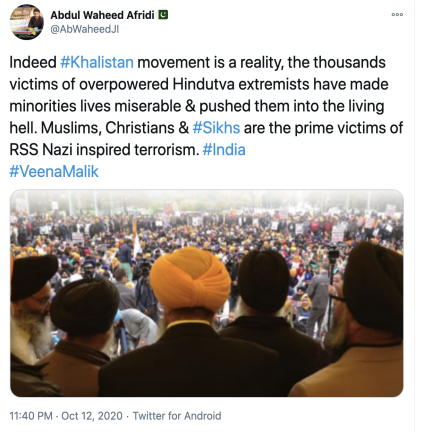 The Pakistani trolls decide to take advantage by further associating farmers’ protests with Khalistan. Known ISPR Troll  @iVeenaMalik & JeI Youth Wing Leader  @AbWaheedJI added fuel to the fire adding Khalistan in context of farmers’ protest. (4/7)