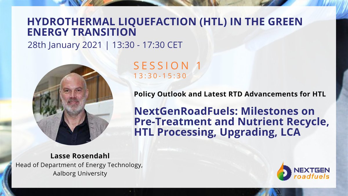 #NextGenRoadFuels will prove #HTL as an efficient route to produce highvolume, costcompetitive, dropin synthetic gasoline&amp;diesel fuels. L.Rosendahl @AAUEnergy will present the project milestones on pretreatment &amp;nutrient recycle,HTLprocessing,upgrading,LCA bit.ly/3gXPt5q