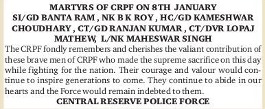  #ObituaryOfTheDayMartyrs of CRPF - 08 Jan