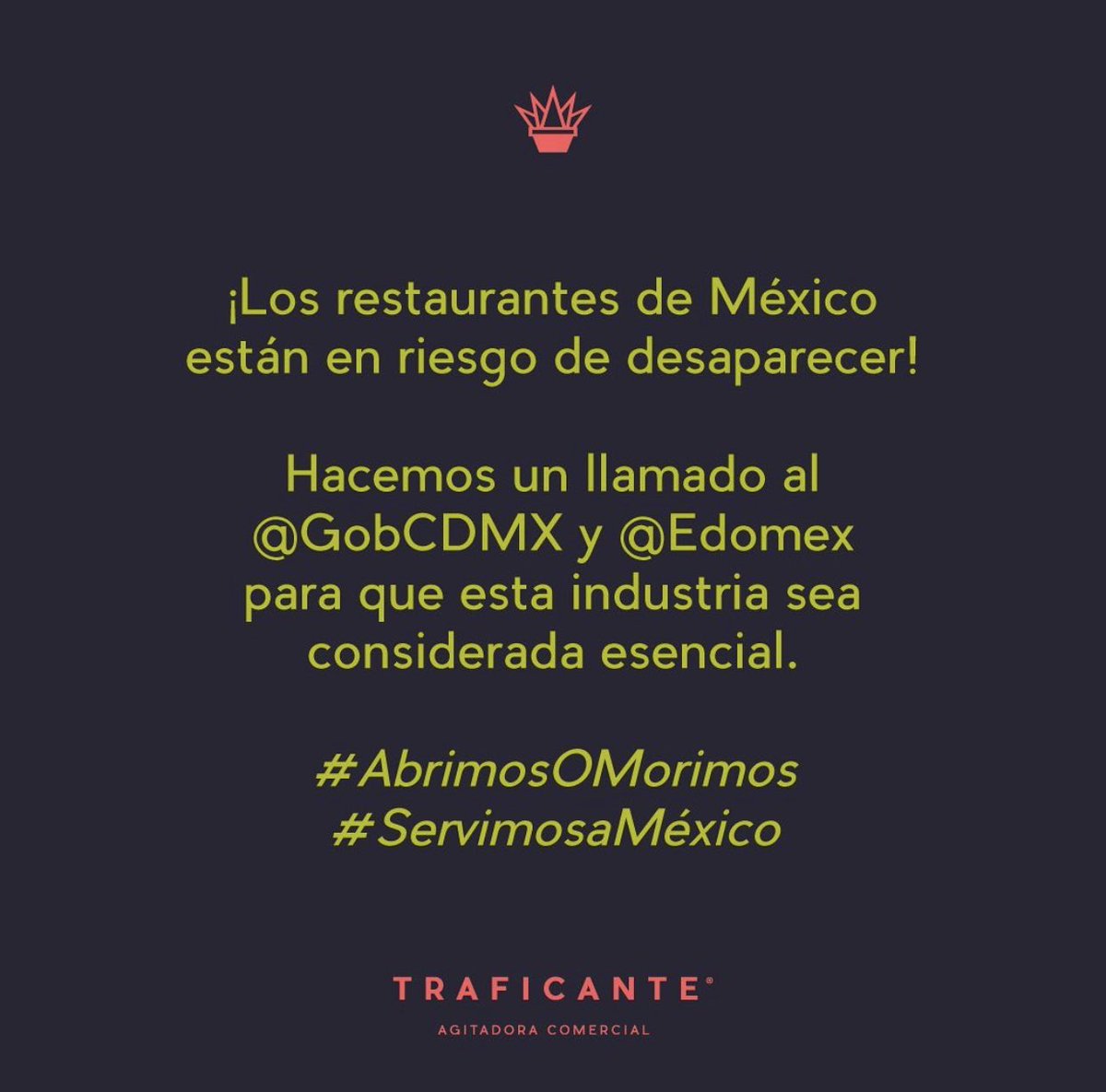 Traficantemex's tweet photo. Nos sumamos al llamado a las autoridades para que consideren al #mexicorestaurantero actividad esencial. Esta industria y relacionados generamos millones de empleos y apoyamos a miles de proveedores locales. #AbrimosoMorimos #servimosamexico https://t.co/VXqNMzB4kp