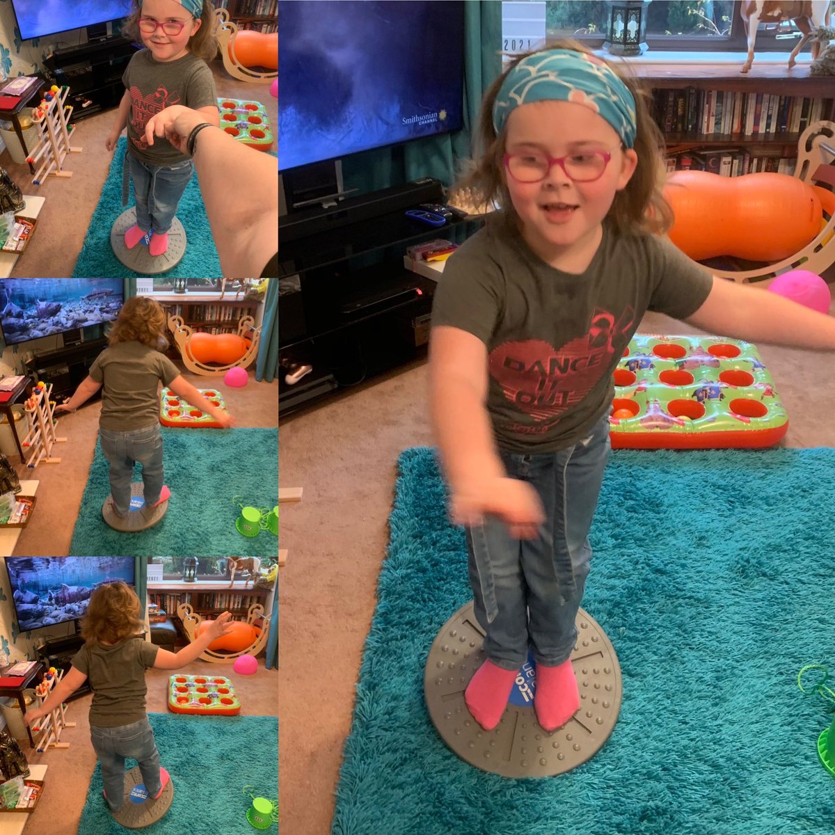 Anjelcakes's tweet photo. Today’s therapy session ❤️ really trying to improve balance and core strength along with motor skills #autism #balanceandcoordination #motorskills #stilts #balanceboard #targetthrowing #threeinarow https://t.co/S4wtLHH2Gf