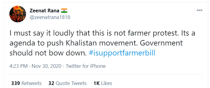 By now it seems either the  #BJP IT Cell got sold on its own rhetoric or got massively fooled by Veena and Co. in believing that Khalistani elements are behind the farmers’ protests. Here are some major handles -  @zeenatrana1818  @Harshad_BJP  @kamalranivarun (5/7)