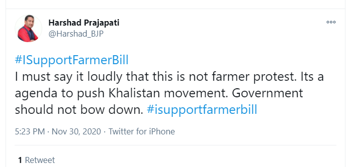 By now it seems either the  #BJP IT Cell got sold on its own rhetoric or got massively fooled by Veena and Co. in believing that Khalistani elements are behind the farmers’ protests. Here are some major handles -  @zeenatrana1818  @Harshad_BJP  @kamalranivarun (5/7)