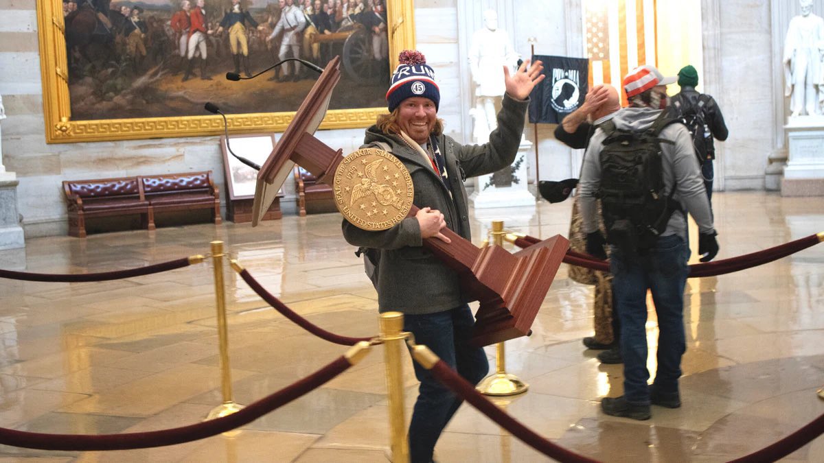 Chaos continues to ensue. Rioters pose for photos, loot large objects, and ransack offices. 2:38PM: Trump tweets, "Please support our Capitol Police and Law Enforcement. They are truly on the side of our Country. Stay peaceful!" https://twitter.com/realDonaldTrump/status/1346904110969315332