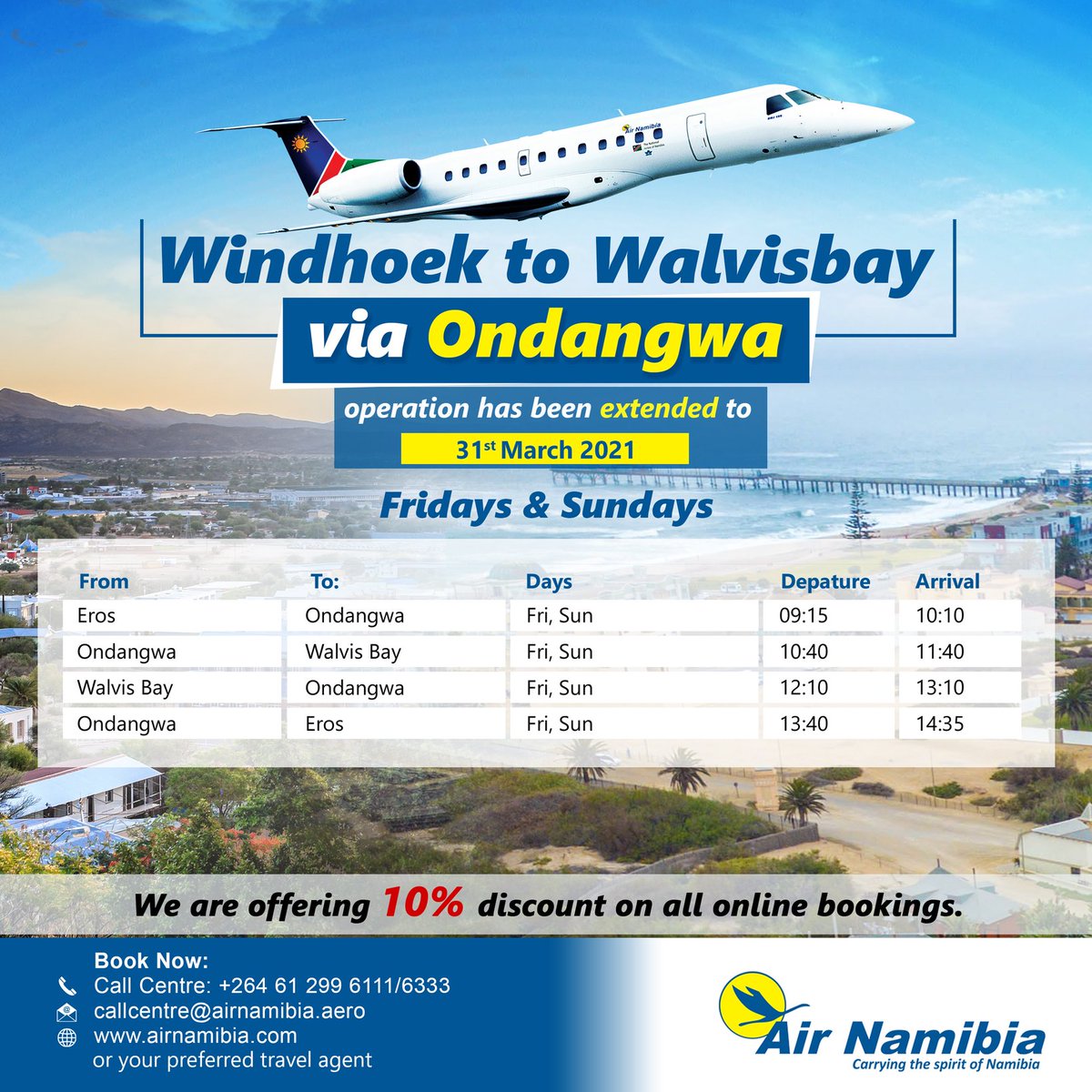 airnamibia1's tweet photo. The Windhoek - Walvis Bay (via Ondangwa) operation has been extended to 31 March 2021.

#airnamibia #domesticflights #namibia #traveldaily #travelenthusiast #windhoek #booknow #bookonline #walvisbay #eros #schedule #flightdeals https://t.co/A6qFGRNrqR