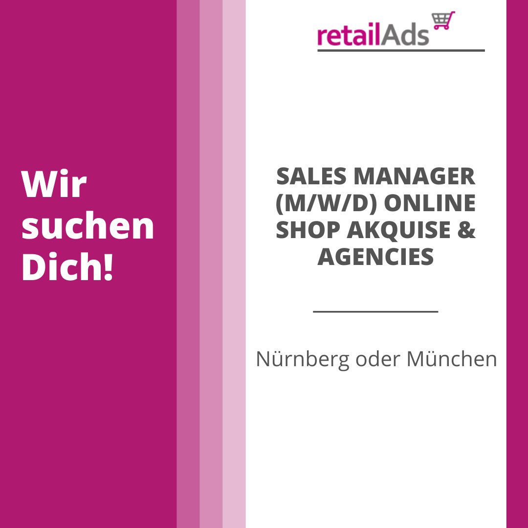 #𝗪𝗔𝗡𝗧𝗘𝗗: Sales Manager (m/w/d) Online Shop Akquise &amp; Agencies - #Nürnberg o. #München 💼

𝗕𝗲𝘄𝗶𝗿𝗯 𝗗𝗶𝗰𝗵 𝗷𝗲𝘁𝘇𝘁 𝗯𝗲𝗶 𝘂𝗻𝘀!Alle Infos &amp; weitere Stellenanzeigen findest Du hier: bit.ly/3qxehWm 😀

#retailads #affiliatemarketing #vertrieb #retail #sales