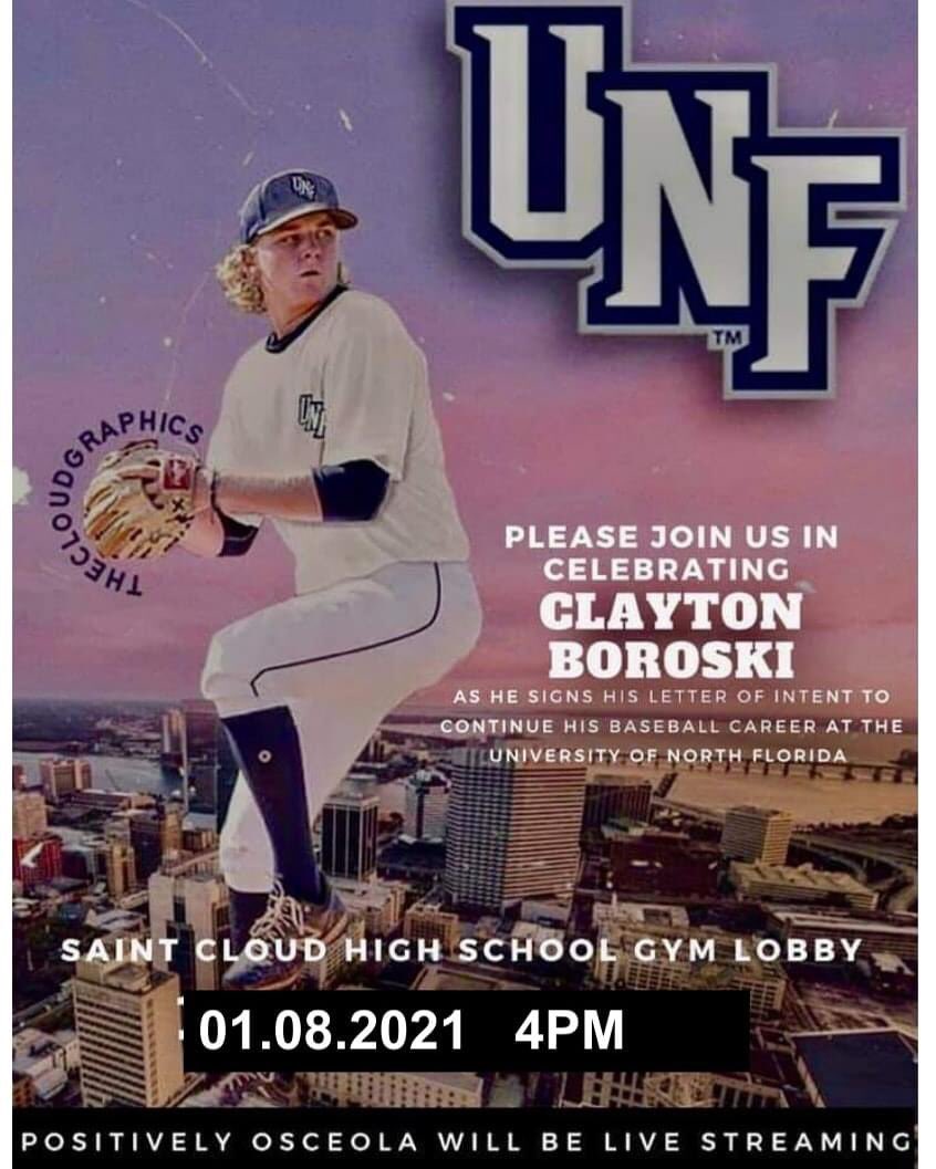 Please join us in celebrating Clayton Boroski in signing his LOI to play baseball at the University of North Florida.
SCHS Gym Lobby
January 8th 2021
@ 4:00
Spread the word 📣📣
<a href="/stcloudathletic/">St. Cloud Bulldog Athletics</a> <a href="/osvarsity/">Sentinel Varsity</a> <a href="/Osceolaschools/">Osceola Schools</a> <a href="/sdocathletics/">SDOC ATHLETICS</a> <a href="/positiveosceola/">Positively Osceola</a>