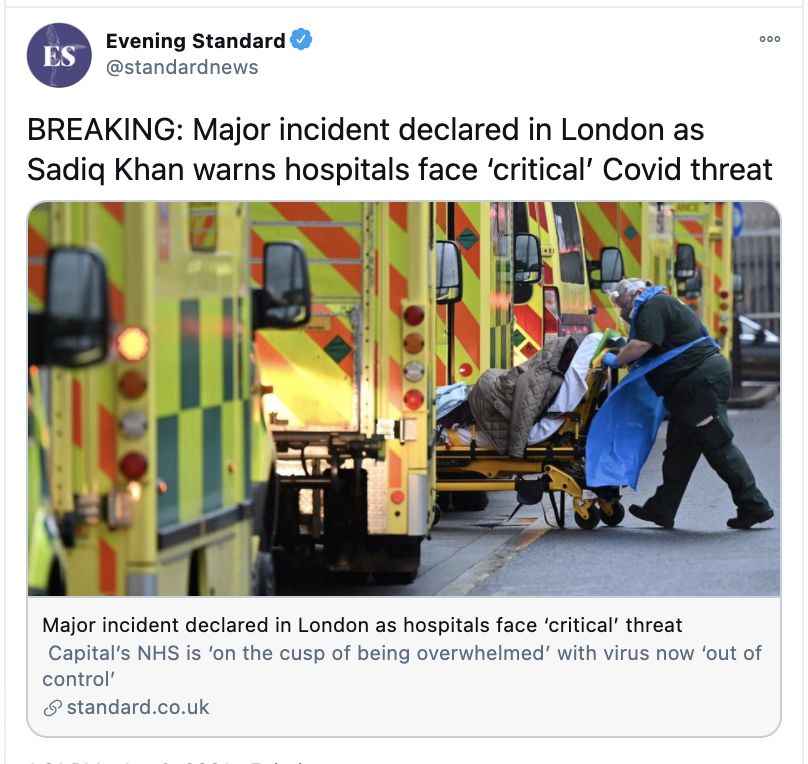 owenjonesjourno's tweet photo. But how is this possible? Just a month ago, those lockdown sceptics signal boosted by the media told us that there was strong evidence London had herd immunity, but now a major incident has been declared.

It's almost as if they're dangerously wrong about everything! https://t.co/30DzsQBWdy