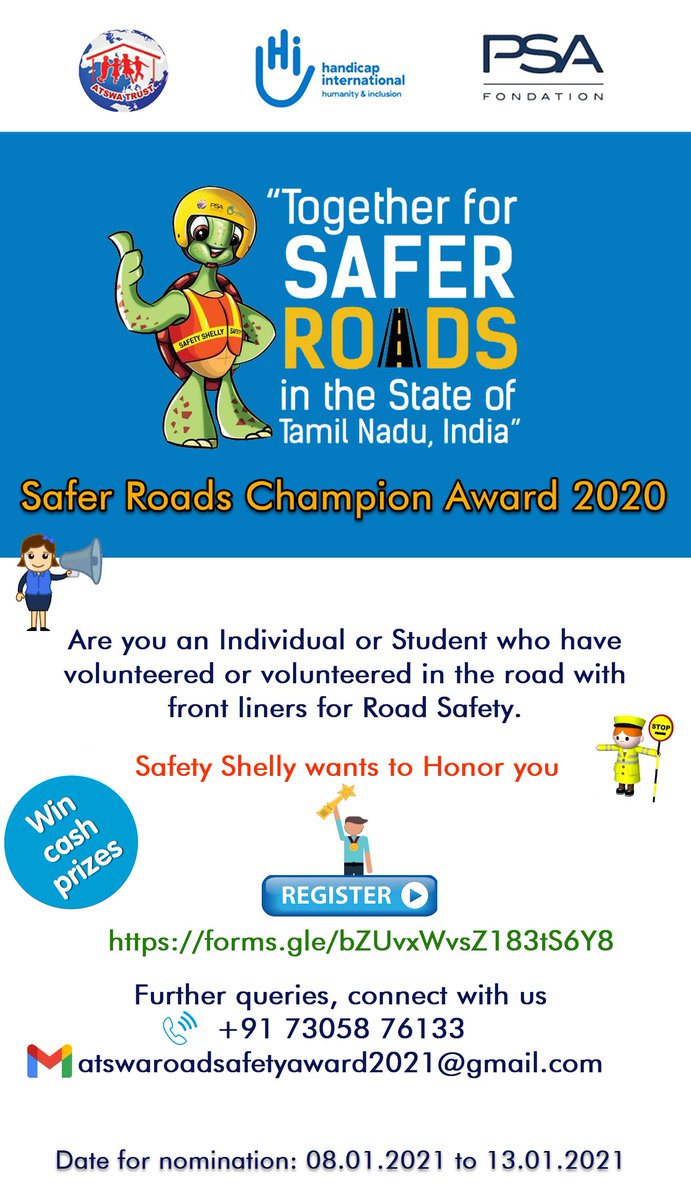 Road__Safety's tweet photo. Safety Shelly call for an action - Safer Roads Champion Award 2020 - Register today https://t.co/LYE3lP0lvc or https://t.co/C2tAKvvoBk
#SafetyShelly #tamilnadu #chennai #schoolroadsafety #SafetyOnRoad  
#FondationPSA #CitroenIndia #Mobility #HandicapInternational #ATSWA https://t.co/EJhpZ5kZRr