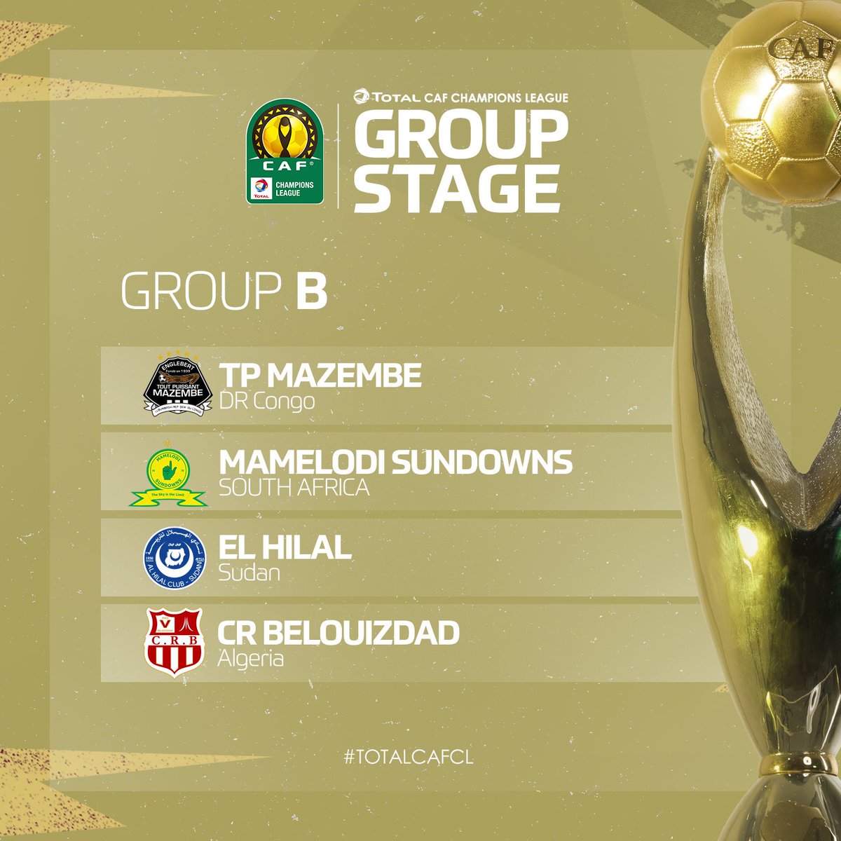 🇨🇩 <a href="/TPMazembe/">TP Mazembe</a>
🇿🇦 <a href="/Masandawana/">Mamelodi Sundowns FC</a>
🇸🇩 <a href="/AlHilalOmdurman/">-</a>
🇩🇿 CR Belouizdad

Qui sera à la tête de sa poule? #TotalCAFCL