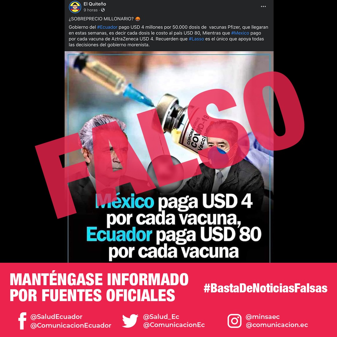 Salud_Ec's tweet photo. ⚠️ATENCIÓN | La información que circula en redes sociales sobre el precio de adquisición de la #VacunaCOVID19 a USD 80 es FALSA. La aplicación de la vacuna es gratuita y voluntaria.

#BastaDeNoticiasFalsas, manténgase informado a través de cuentas oficiales. https://t.co/IhqiBPkYFH