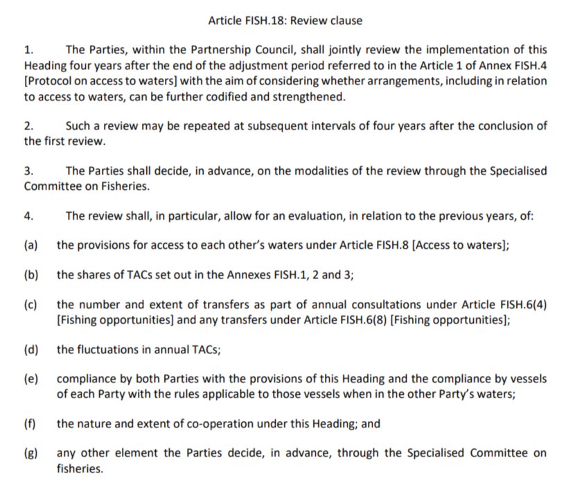 ForseAndy's tweet photo. @BD_Stew @UKandEU @YorkEnvironment @UoYPress @YESIUoY @BrexitEnv Is the lock in longer than advertised? Art. FISH.18 Review Clause says review four years after end of adjustment period. Ann. FISH.4 has end date as 30/6/2026. So does that set the review date at 30/6/2030 and therefore do the quota shares listed 2026 onwards continue as default? https://t.co/DKl6G2OjC7