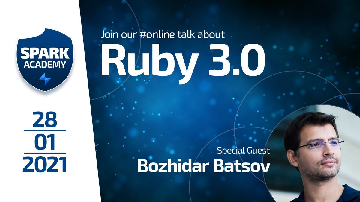 SparkSolution5's tweet photo. We invited @bbatsov, the creator of #RuboCop, to tell us all about #Ruby3 during a Facebook Live:
https://t.co/UvLtxZ0ATd on Thursday, January 28th, 2021 5:30pm UTC (London) / 12.30pm EST (New York)

#SparkAcademy #rubyonrails #rubydeveloper https://t.co/yBjSN3m3i0