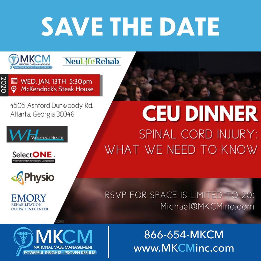 molliekallen's tweet photo. SAVE THE DATE!
CEU Dinner
Spinal Cord Injury: What we need to know
📅 Wednesday, January 13th, 5:30PM
📍 McKendrick's Steak House
4505 Ashford Dunwoody Rd. Atlanta, Georgia 30346
🔴 RSVP for space is limited to 20: michael@mkcminc.com
.
.
.
#mkcm #mkcminc https://t.co/SVEVvEMzXb
