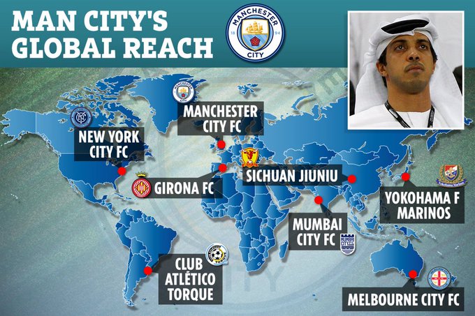 Aujourd'hui, le City Football Group détient 10 clubs :Manchester City  100%Melbourne City  100%Yokohama Marinos  100%Montevideo City Torque  100%Lommel  100%ESTAC  100%New York City  80%Mumbay City  65%Girona  44,3%Sichuan Jiuniu  28%