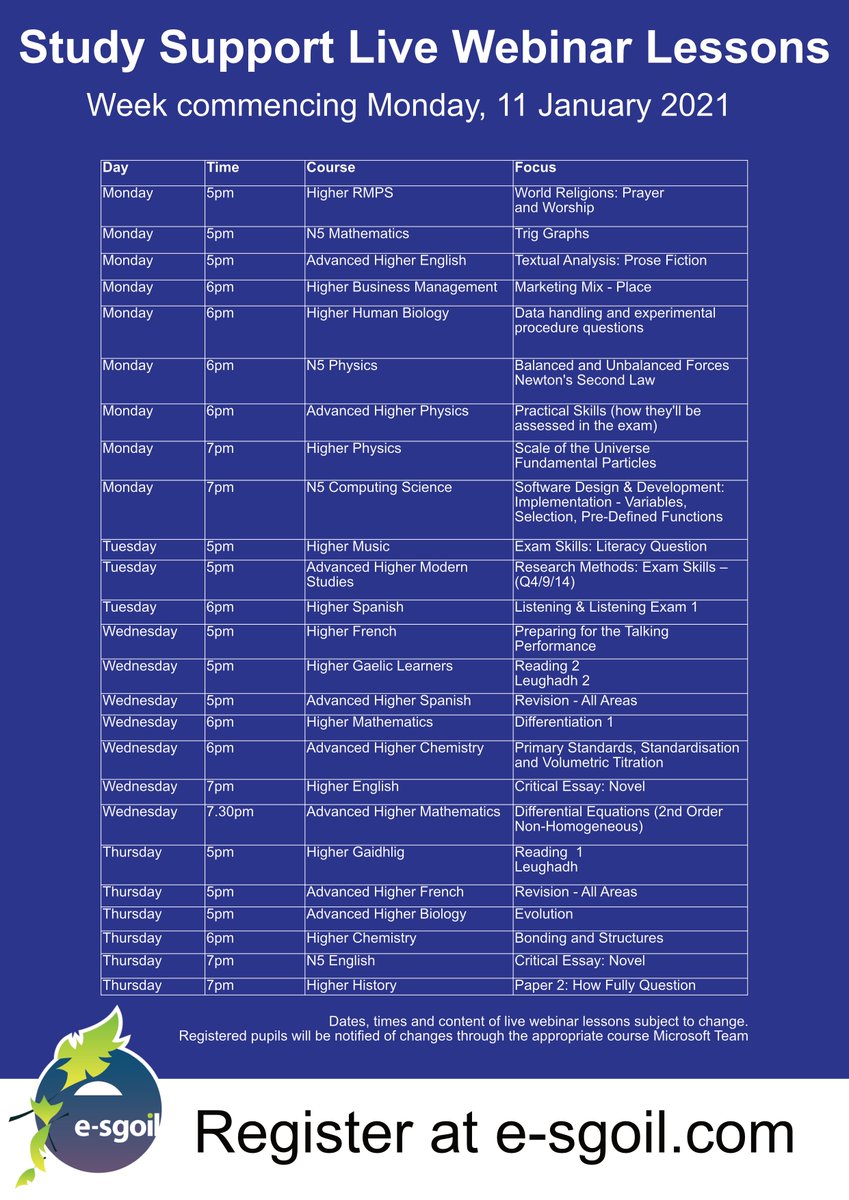 eSgoil's tweet image. Happy New Year to our Study Support learners.

Our live webinar lessons restart on Monday.

If you have not yet joined us, why not start the new year with a positive step? Register now at e-sgoil.com