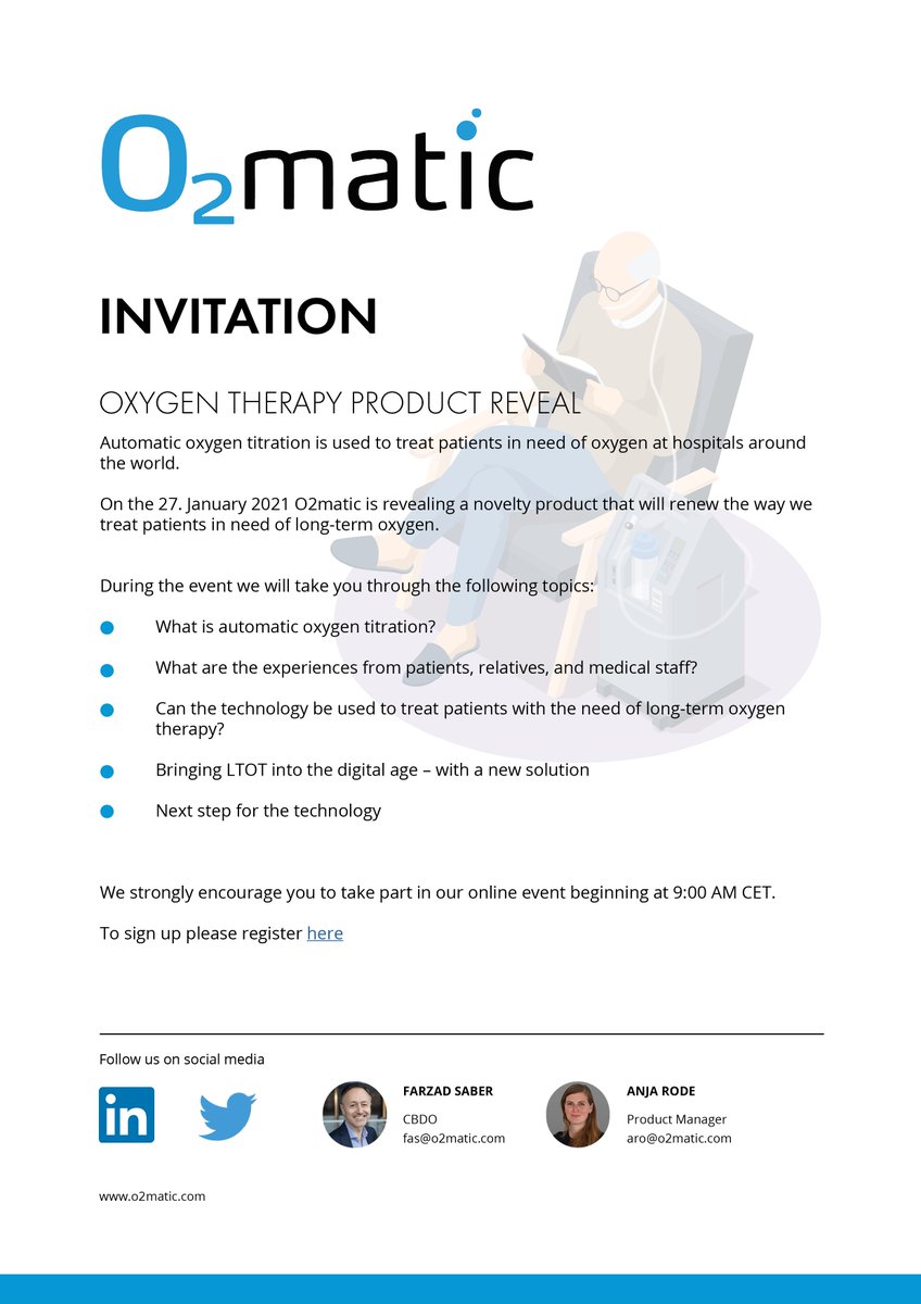 o2matic's tweet photo. On the 27th January 2021 we will reveal a novelty product that will renew the way we treat patients in need of long-term oxygen.

We invite you to take part in our online event beginning at 09:00 AM CET.

To sign up please register here: https://t.co/zVkhhZjXm3
#o2matic #covid19 https://t.co/lUH5Piq6Pk