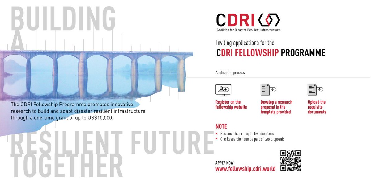 cdri_world's tweet photo. Just 10 days left to apply for the #CDRIFellowshipProgramme. Apply now to earn a year-long grant and a chance to improve #ResilientInfrastructure. Find out more here: https://t.co/EopZwTaHjg #ResilientInfra https://t.co/T1rr4P0dAy