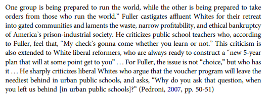 One example of strongly populist rhetoric comes from some Black advocates who frame their support for school choice (esp in urban ed) antagonistically against policymakers, ed leaders, and White communities. I use Howard Fuller as an example, quoting from  @PedroniTom's book. 7/10