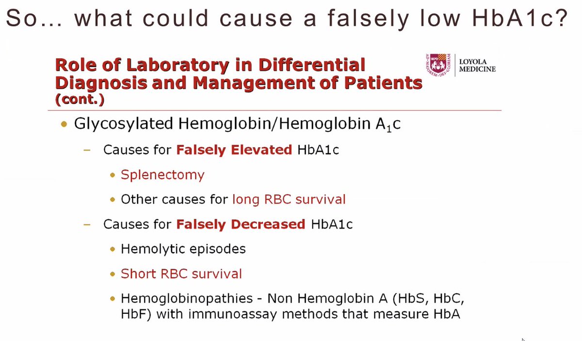 TimBell_Path's tweet photo. Great clinical chemistry lecture @loyolapathology.  Always important to consider and evaluate etiologies of falsely low or elevated A1C levels @KMirza #TwitterHomework https://t.co/pKXkk02npC