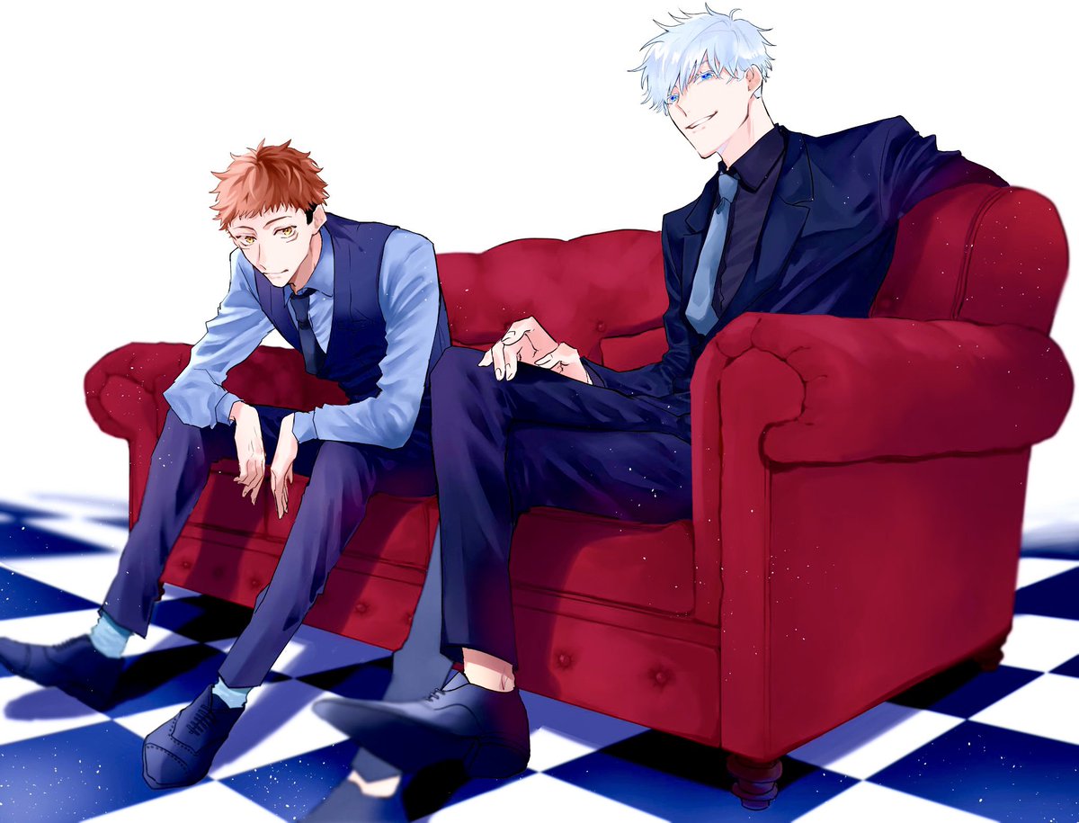 gojou satoru ,itadori yuuji multiple boys necktie 2boys blue eyes male focus short hair white hair  illustration images