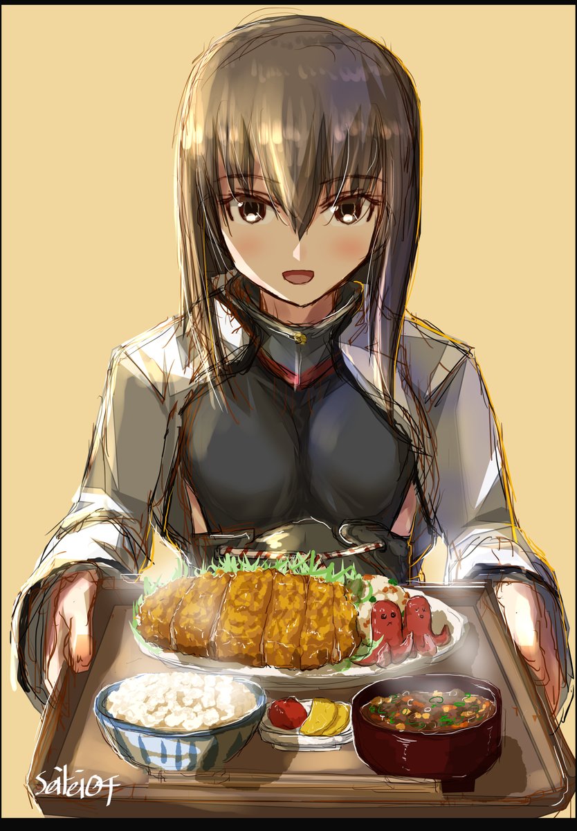 taihou (kancolle) 1girl solo brown hair food brown eyes open mouth looking at viewer  illustration images