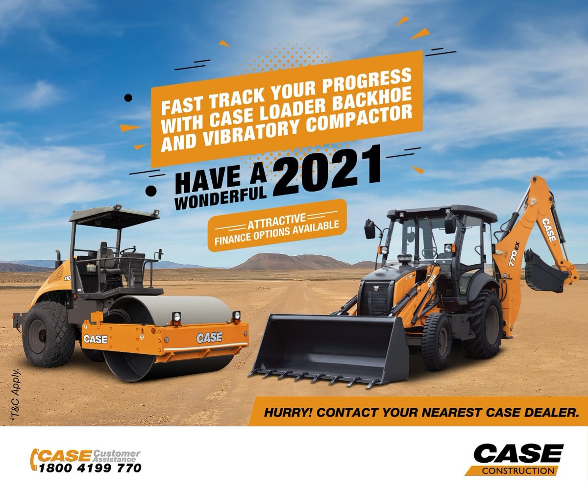caseceindia's tweet photo. Start the New Year with attractive finance offers on CASE Loader Backhoes and Compactors. Hurry up! Contact your nearest CASE dealer to know more. #CASEIndia #Construction #ConstructionEquipment #loaderbackhoe #compactors #scheme2021 https://t.co/8jq511FAFO