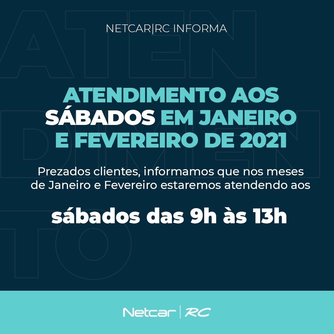 Netcar_RC's tweet image. ⚠️ FIQUE ATENTO!

Nos meses de Jan e Fev/2021, teremos atendimento diferenciado aos sábados: iremos atender das 9h às 13h.

Assim, podemos te ajudar de forma mais eficiente a encontrar o seu seminovo. Aproveite o horário de atendimento aos sábados e garanta o seu novo carro!