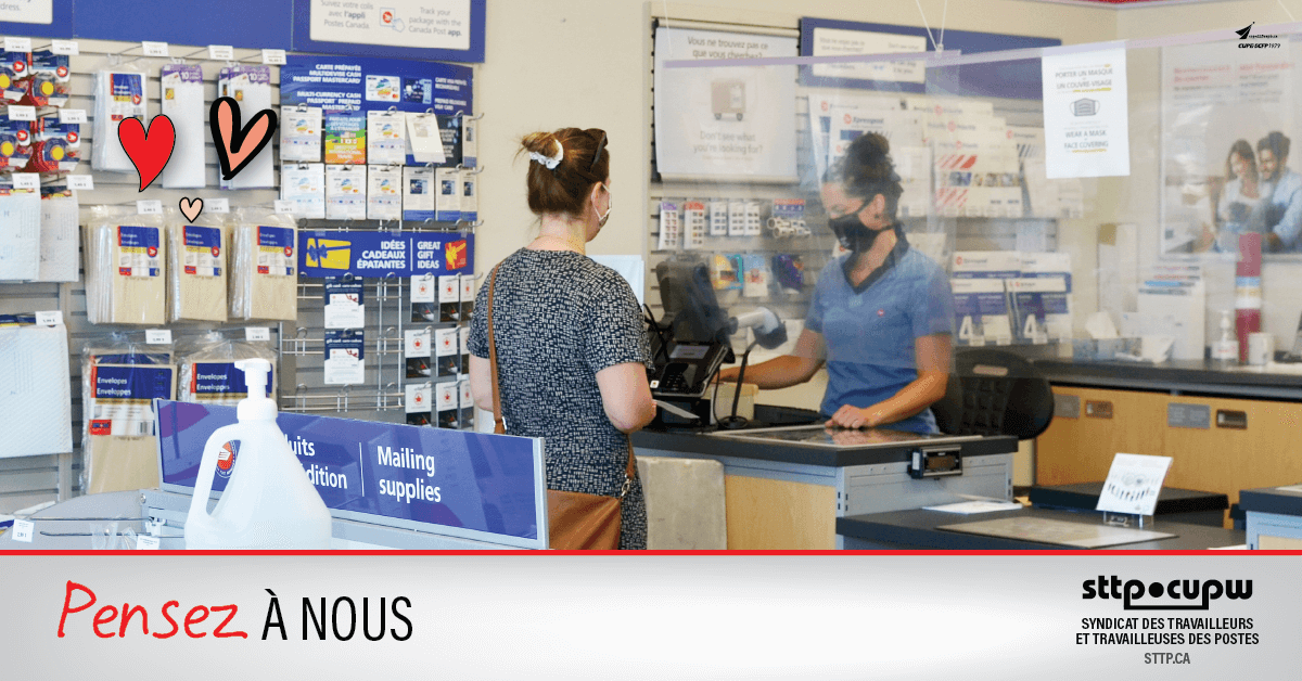 sttp's tweet image. En cas de symptômes, n’allez pas au bureau de poste. Et quand vous y allez, protégez les travailleurs et travailleuses des postes, la collectivité et les travailleurs de première ligne. Suivez les mesures de précaution et portez un masque. #covid19 #PortezLeMasque