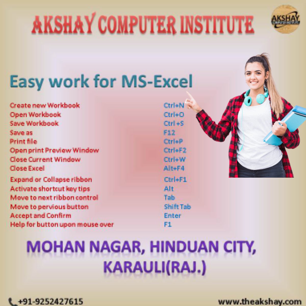 AkshayComputer9's tweet image. Easy working for MS-Excel.
यदि हम अपने कार्य को आसान बनाना चाहते है तो हम MS-Excel में इन shortcut key को use कर सकते है।
#aci #acihindaun #akshaycomputerinstitute #computercenter #Easywork #shortcutkey #MSExcel #use #EasyworkingforMSExcel