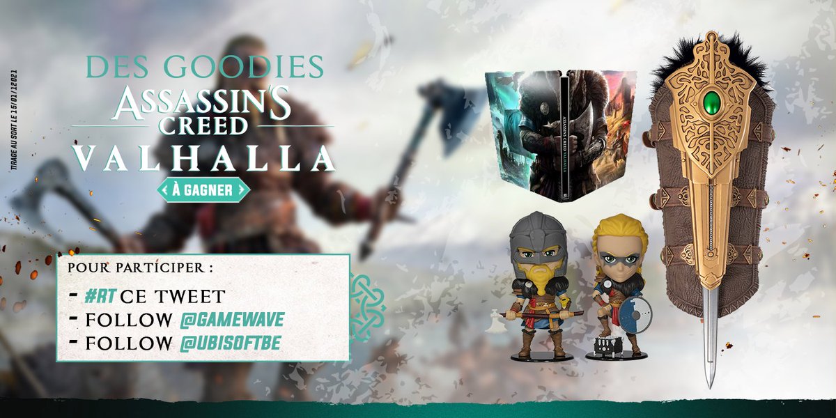 GAMEWAVE's tweet photo. #CONCOURS 🎁

On commence l'année 2021 en douceur en vous faisant gagner un lot de goodies #AssassinsCreedValhalla !

Pour participer :
- #RT ce tweet
- Follow @GAMEWAVE 
- Follow @ubisoftbe 

TAS le 15/01, bonne chance à tous 💪 https://t.co/e5MUn1rgkb